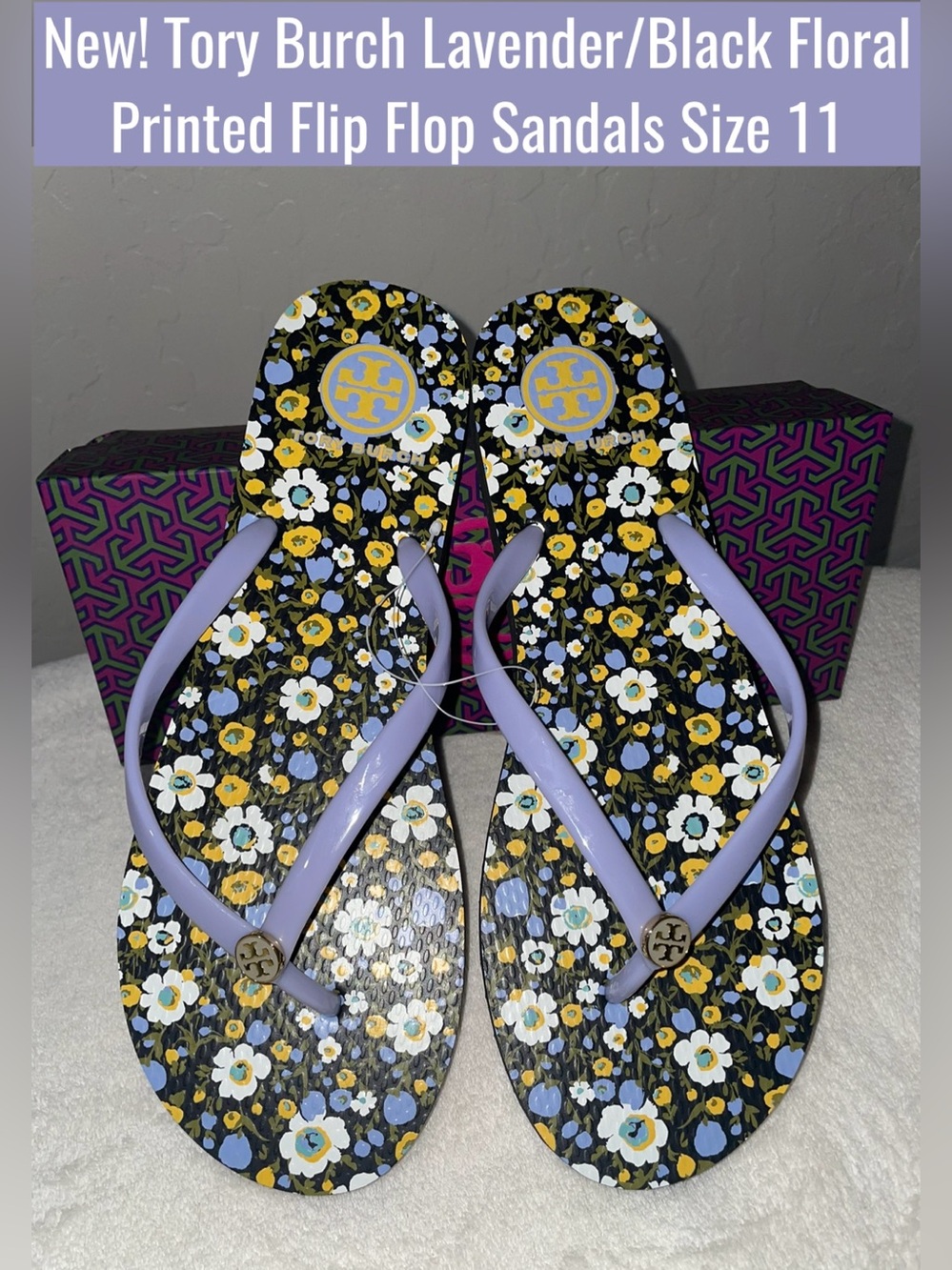 New! Tory Burch Lavender/Black Floral Flip Flop Sandals Size 11-NIB